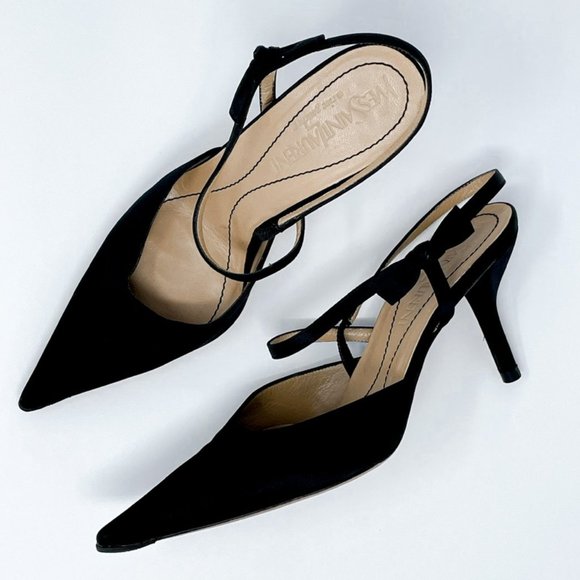 Yves Saint Laurent Shoes - Yves Saint Laurent Satin Black Pointed Toe Slingback Bow Kitten Heels Sz 37/7